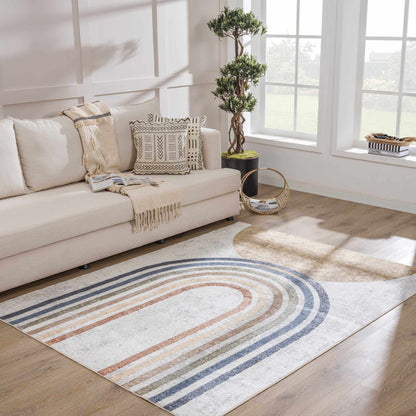 Giza Washable Area Rug multicolor concentric rings in blue, tan, and orange Boutique Rugs on Tampa Home & Garden Store