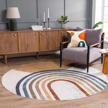 Giza Washable Area Rug by Boutique Rugs, round cream rug with colorful arches on Tampa Home & Garden Store