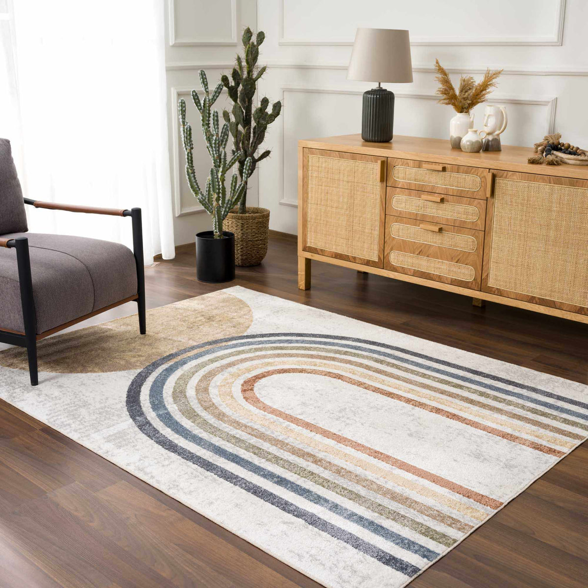 Giza Washable Area Rug by Boutique Rugs, ivory base with blue and tan curved stripes on Tampa Home & Garden Store