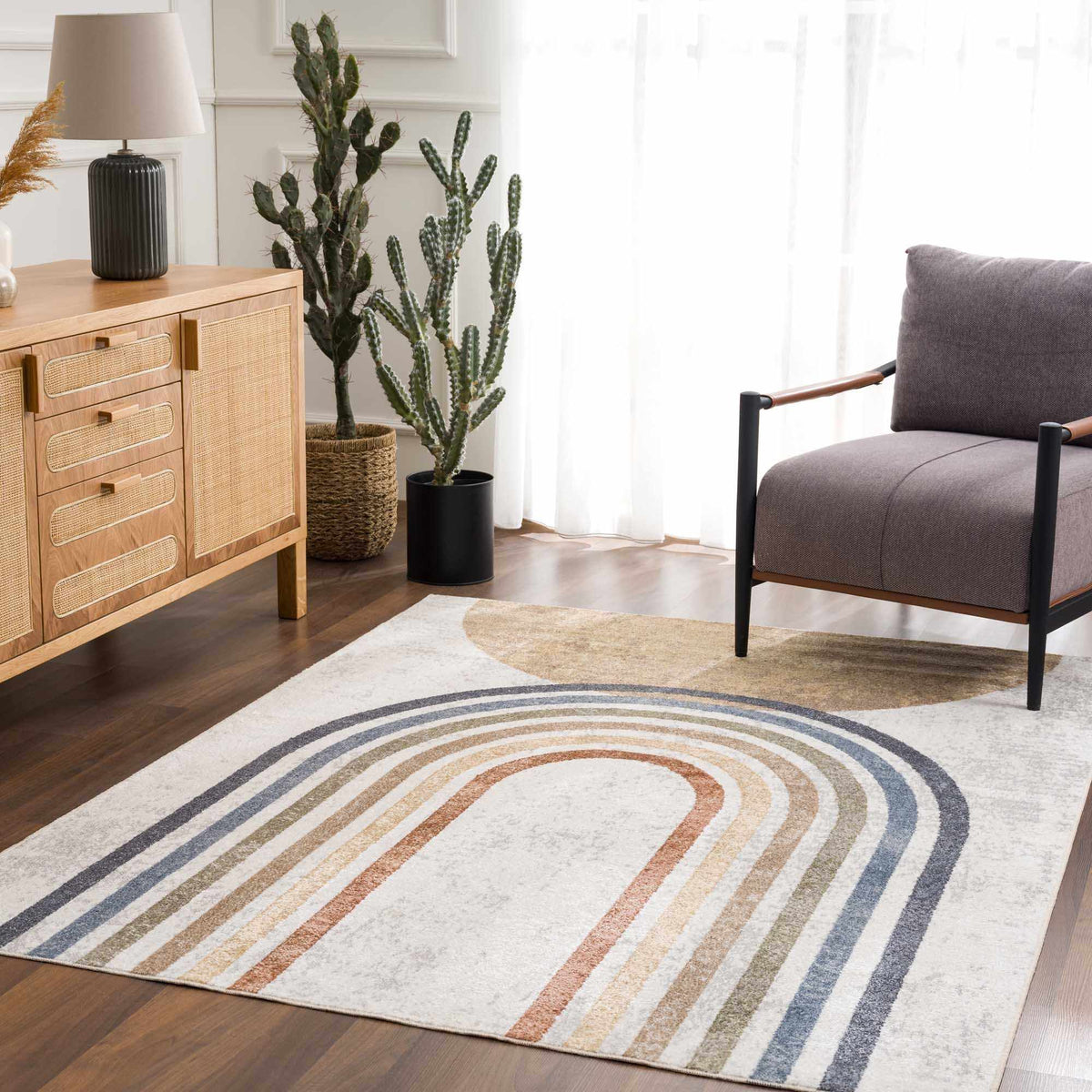 Giza Washable Area Rug with multicolor curved stripe pattern on beige backdrop by Boutique Rugs on Tampa Home & Garden Store