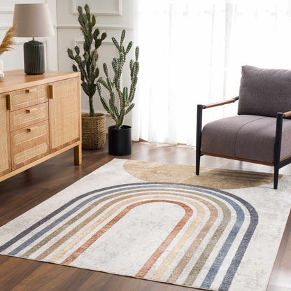Giza Washable Area Rug with multicolor curved stripe pattern on beige backdrop by Boutique Rugs on Tampa Home & Garden Store