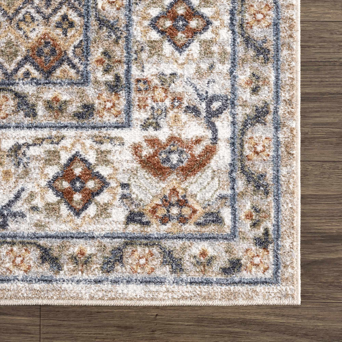Erez Flat Pile Washable Rug Boutique Rugs cream blue rust medallion pattern with fringe edge on Tampa Home & Garden Store