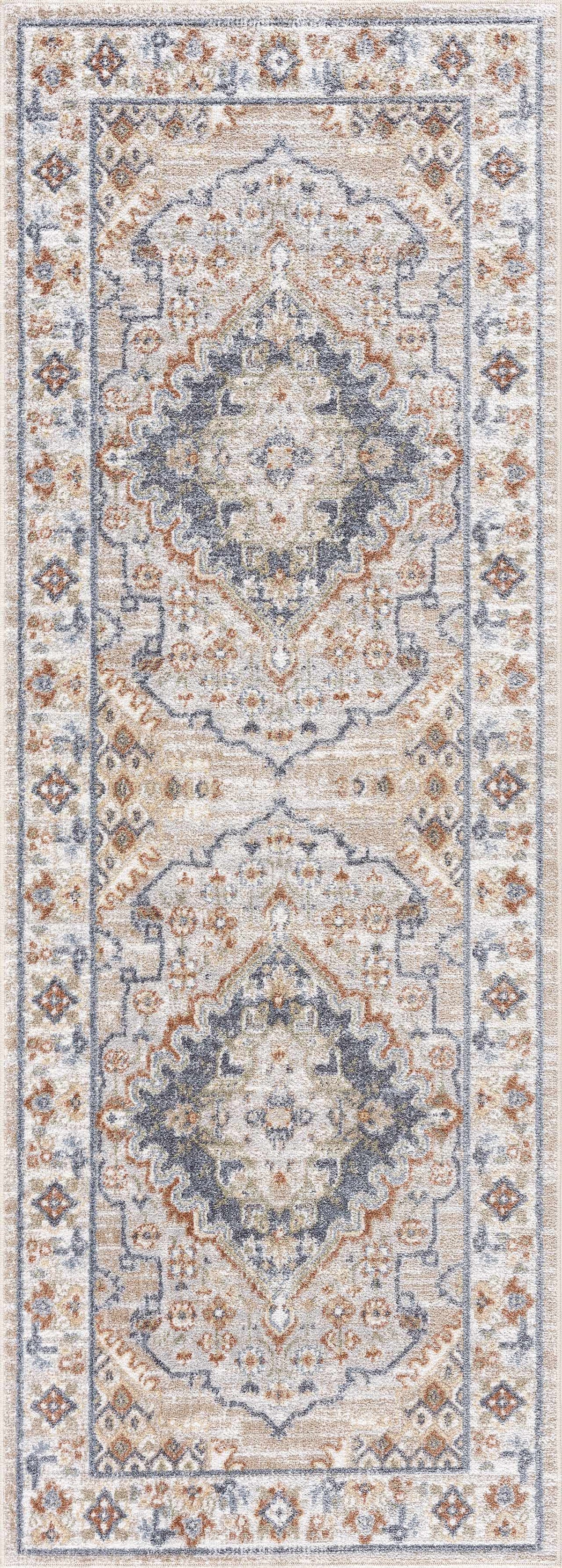 Erez flat-pile washable rug runner beige with blue and rust oriental medallions Boutique Rugs on Tampa Home & Garden Store