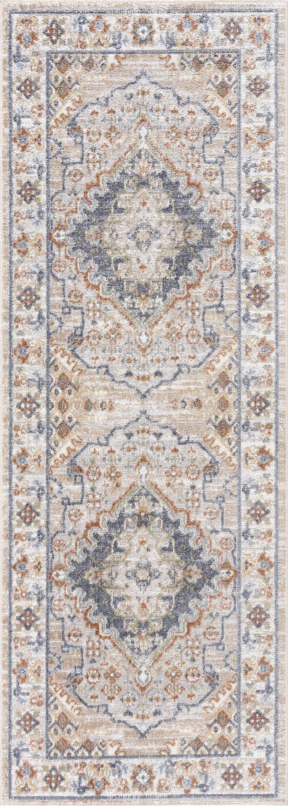 Erez flat-pile washable rug runner beige with blue and rust oriental medallions Boutique Rugs on Tampa Home & Garden Store