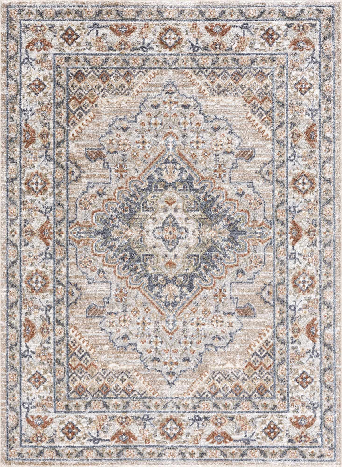 Erez flat-pile washable rug by Boutique Rugs in beige with blue and rust accents, ornate medallion pattern on Tampa Home & Garden Store