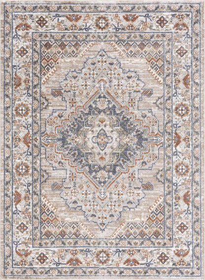 Erez flat-pile washable rug by Boutique Rugs in beige with blue and rust accents, ornate medallion pattern on Tampa Home & Garden Store