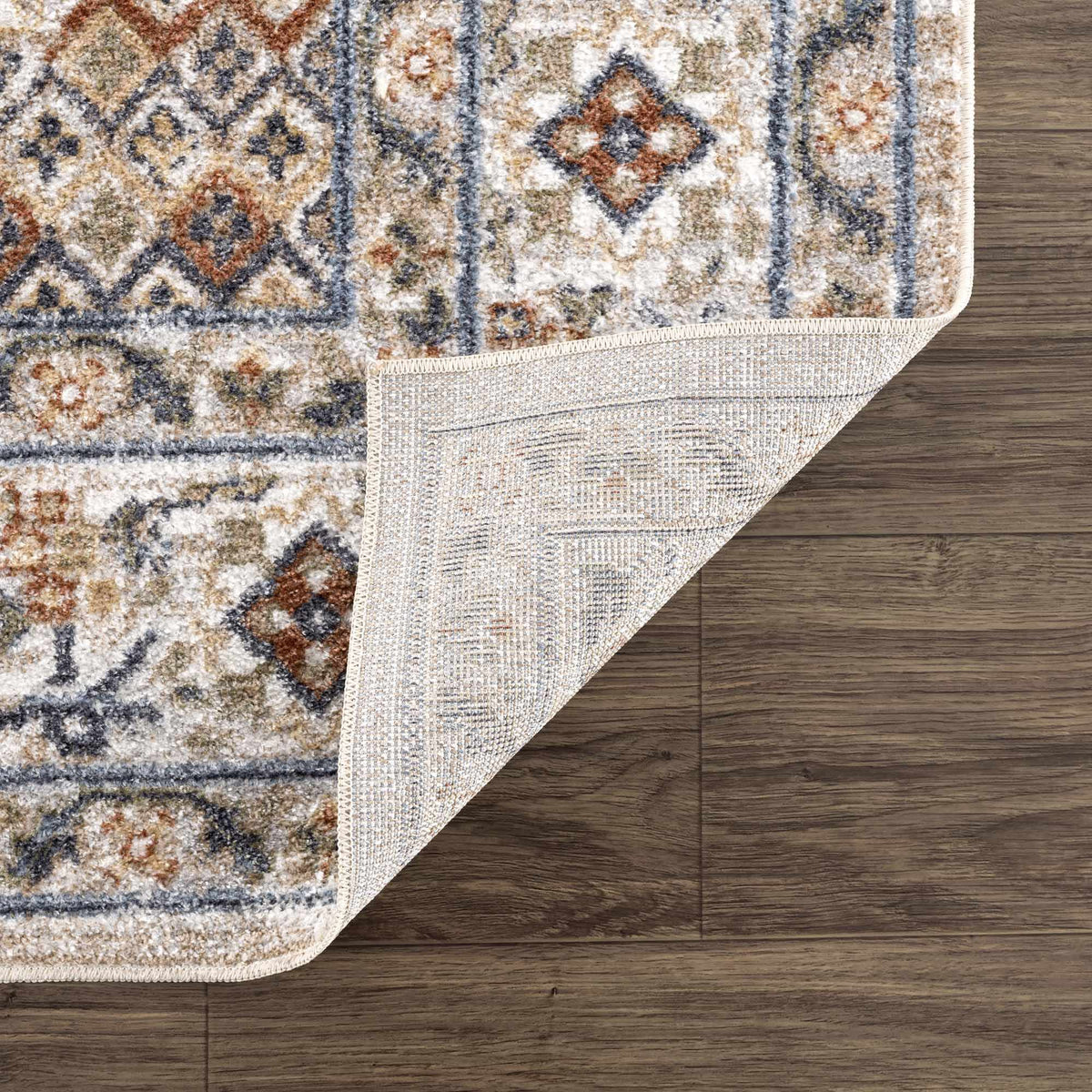 Erez Flat Pile Washable Rug beige ivory rust blue geometric diamond pattern Boutique Rugs on Tampa Home & Garden Store