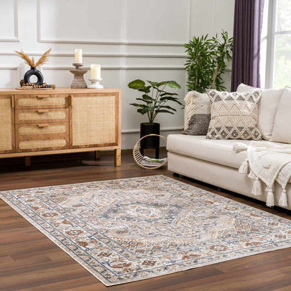 Erez flat pile washable rug ivory with blue rust oriental motif Boutique Rugs on Tampa Home & Garden Store