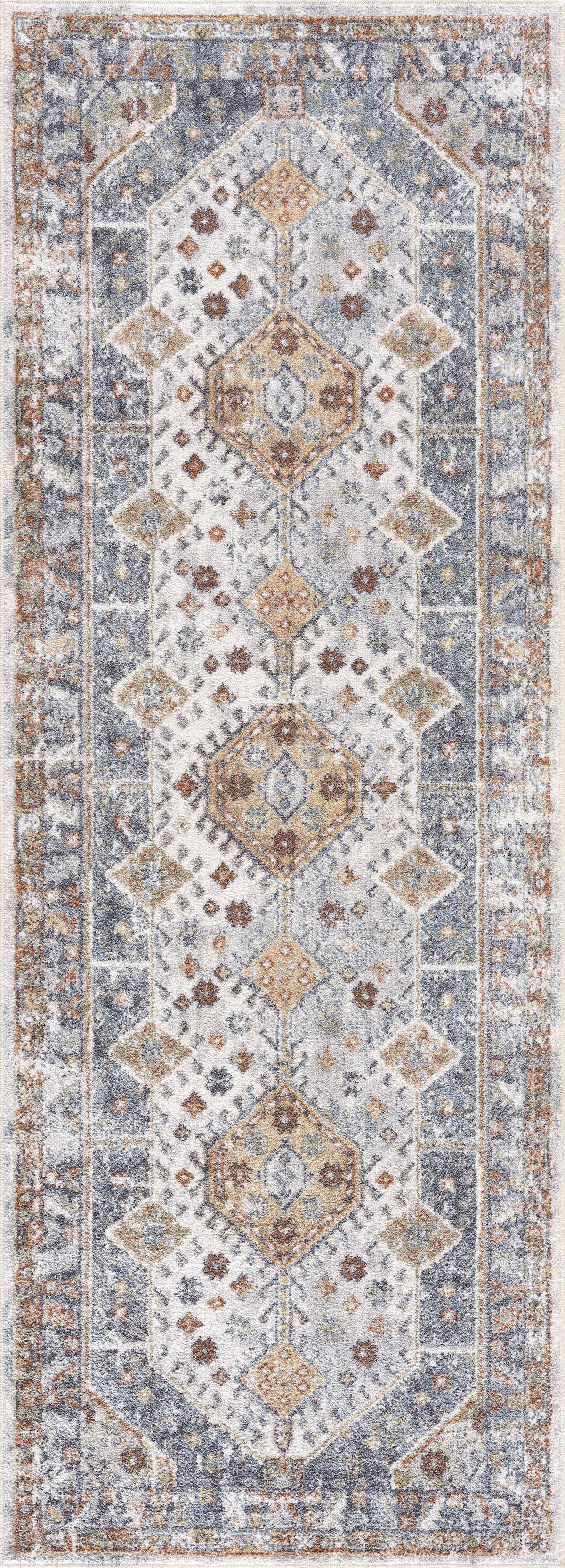 Afya Boutique Washable Rug by Boutique Rugs, blue ivory rust runner with medallions on Tampa Home & Garden Store