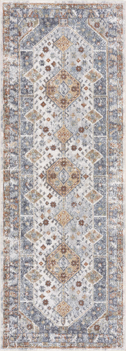 Afya Boutique Washable Rug by Boutique Rugs, blue ivory rust runner with medallions on Tampa Home & Garden Store