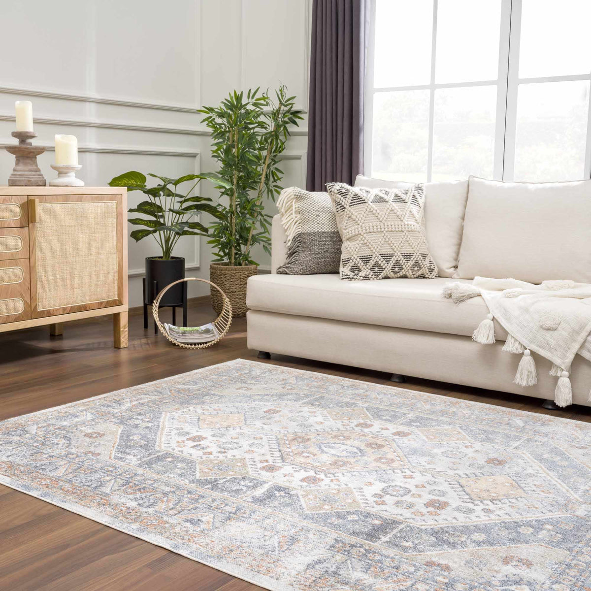 Afya Boutique Washable Rug, blue gray geometric area rug by Boutique Rugs in living room on Tampa Home & Garden Store