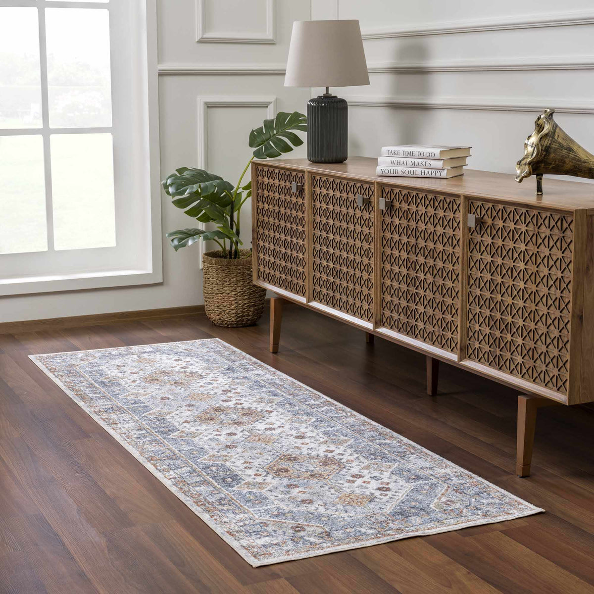 Afya Boutique Washable Rug blue-gray runner with subtle distressed pattern in hallway on Tampa Home & Garden Store