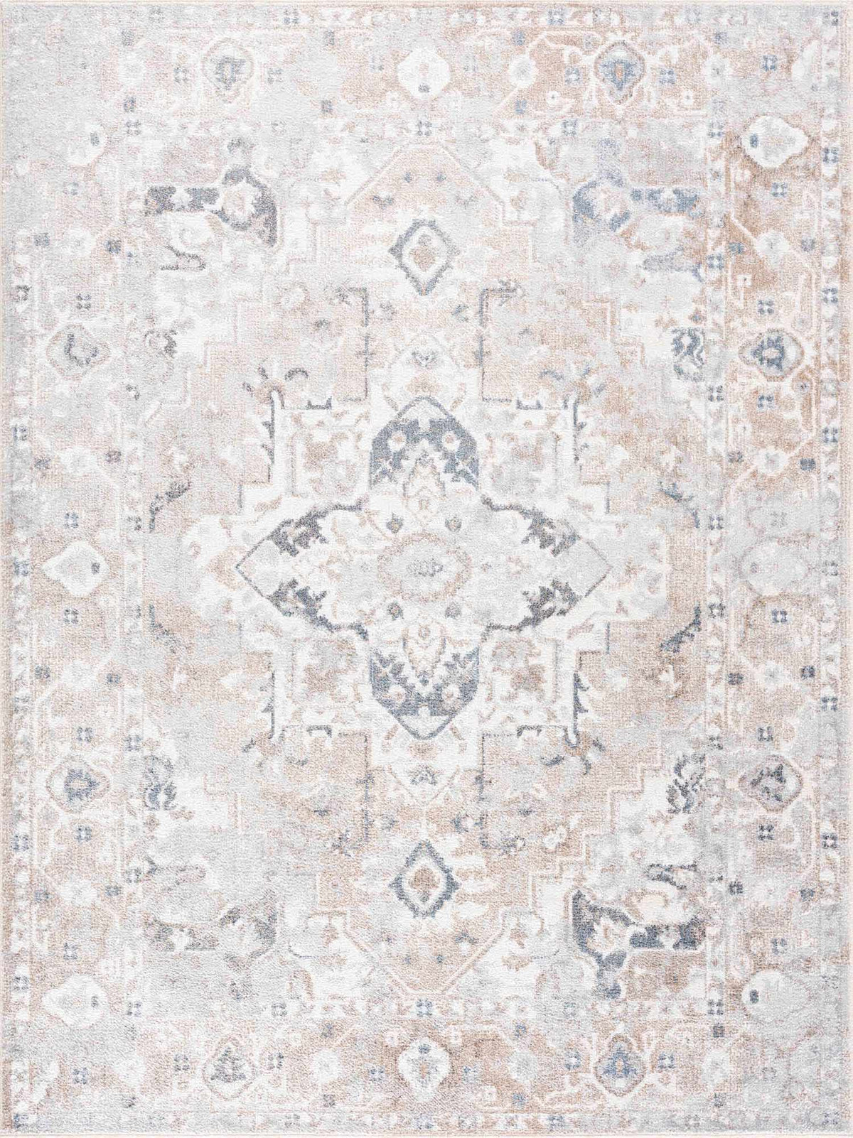Dobry Boutique washable rug with a faded medallion pattern in beige ivory and pale blue Boutique Rugs on Tampa Home & Garden Store
