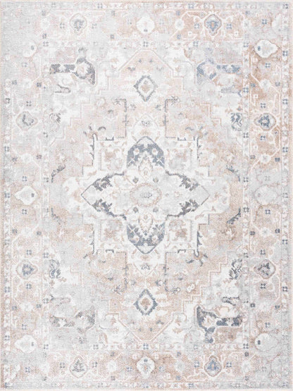 Dobry Boutique washable rug with a faded medallion pattern in beige ivory and pale blue Boutique Rugs on Tampa Home & Garden Store