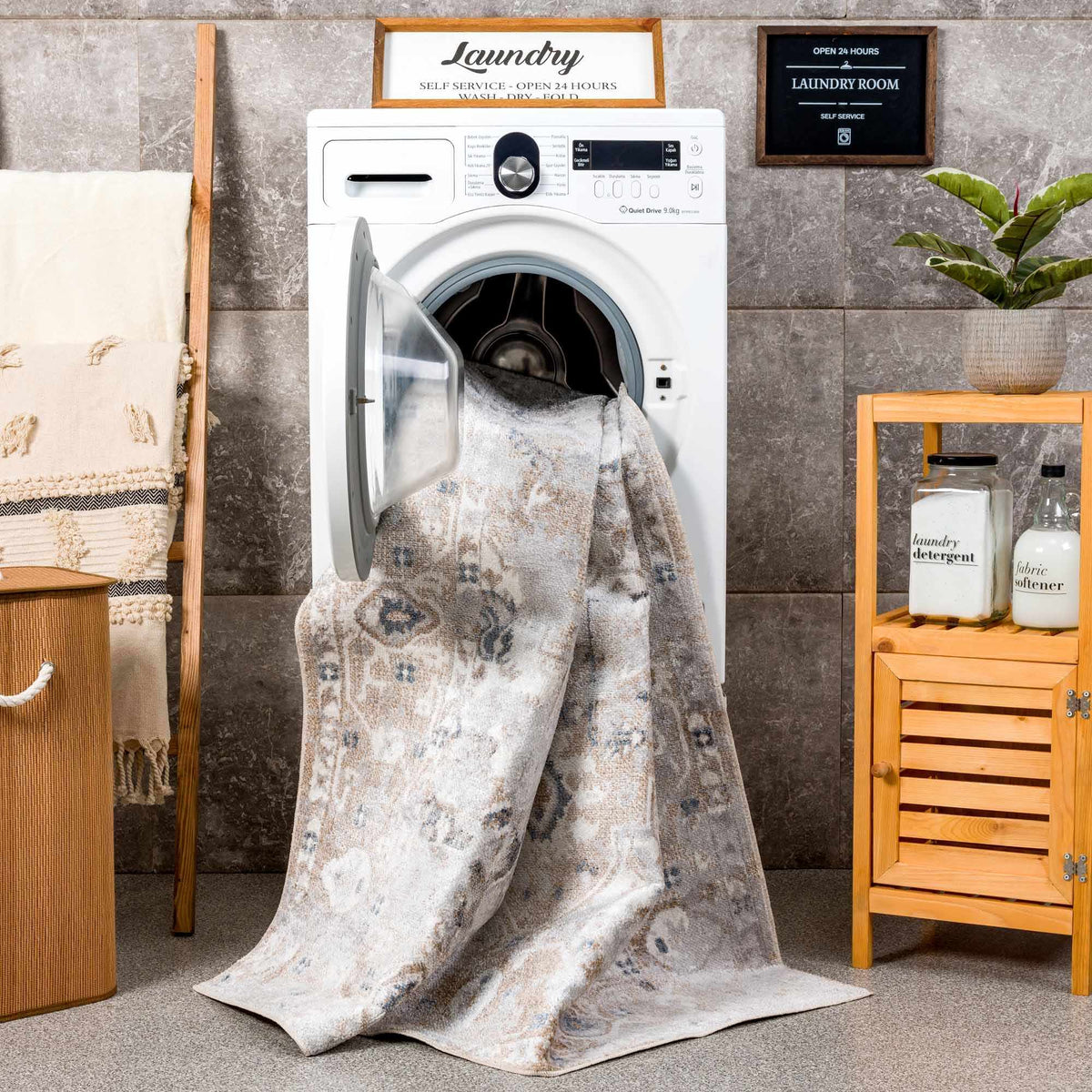 Dobry Boutique Washable Rug gray beige distressed pattern; machine washable boutique rug on Tampa Home & Garden Store