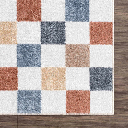 Alie Colorful Checkered Washable Rug with rust navy tan blocks; fringe edge Boutique Rugs on Tampa Home & Garden Store