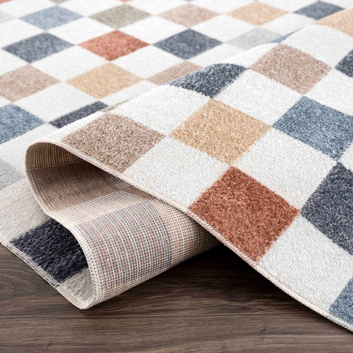 Alie Colorful Checkered Washable Rug with multicolor squares, soft pile, rolled edges on Tampa Home & Garden Store