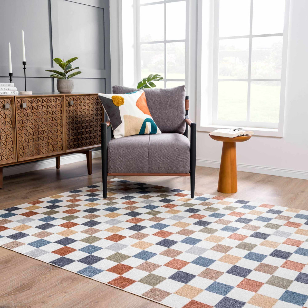 Alie Colorful Checkered Washable Rug multicolor geometric squares in a living room Boutique Rugs on Tampa Home & Garden Store