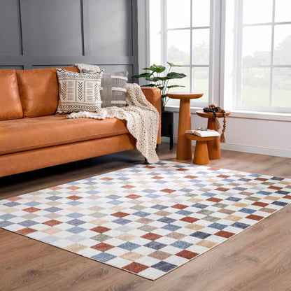 Alie Colorful Checkered Washable Rug blue tan white squares Boutique Rugs on Tampa Home & Garden Store
