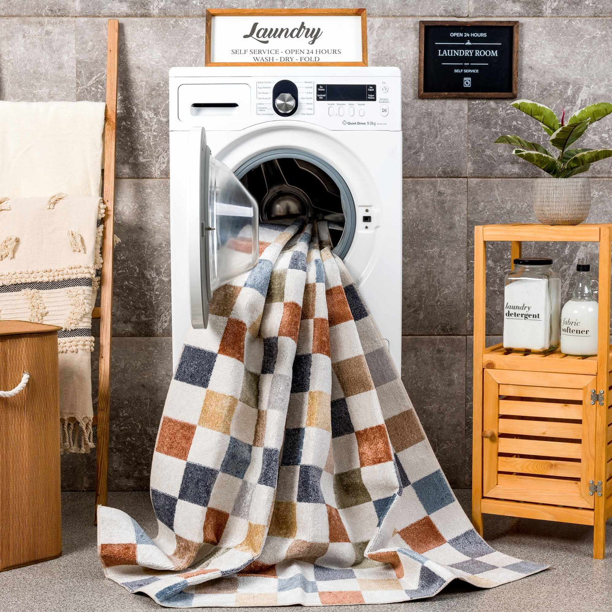 Alie Colorful Checkered Washable Rug Boutique Rugs blue tan checks over washing machine on Tampa Home & Garden Store