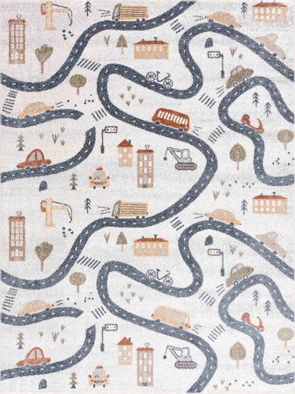 Mave Roads Washable Rug for Kids by Boutique Rugs, navy road pattern on light cream background on Tampa Home & Garden Store