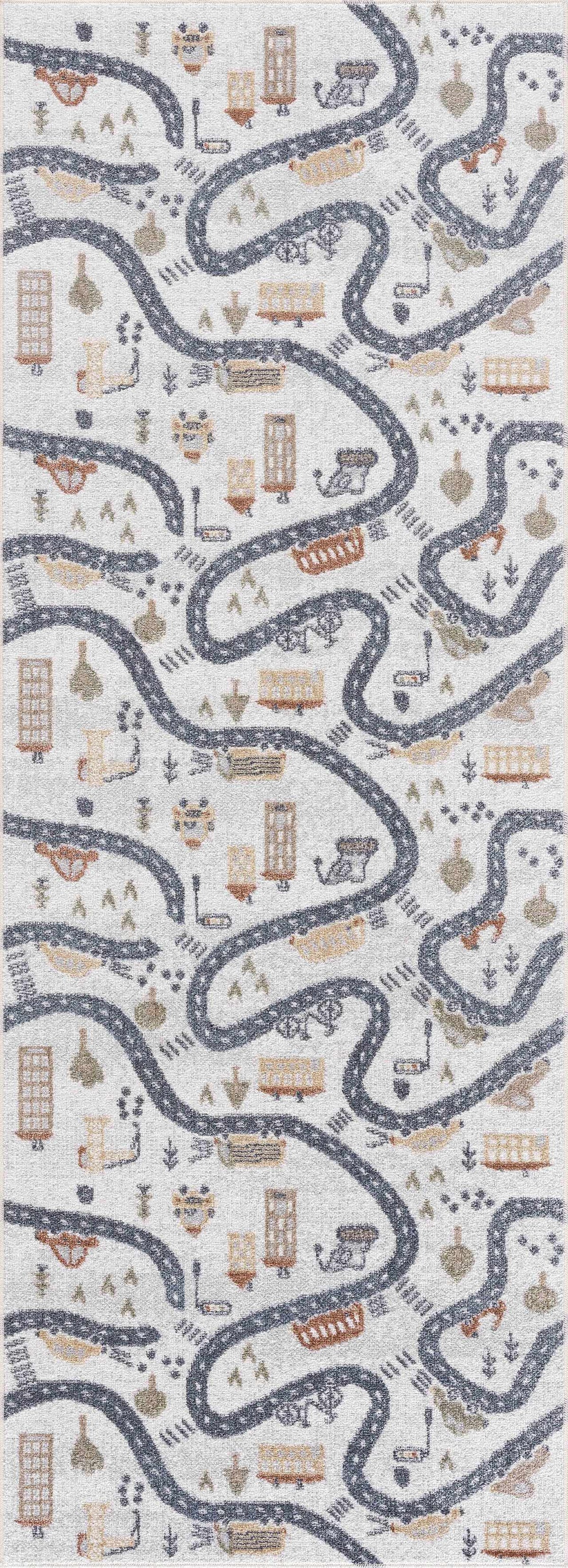 Mave Roads Washable Rug for Kids with a winding dark road pattern on a light background on Tampa Home & Garden Store