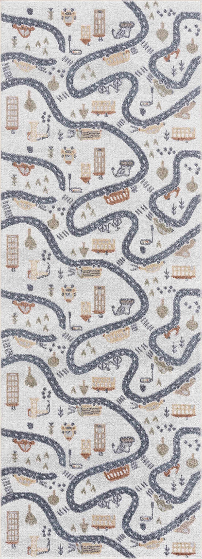 Mave Roads Washable Rug for Kids with a winding dark road pattern on a light background on Tampa Home & Garden Store