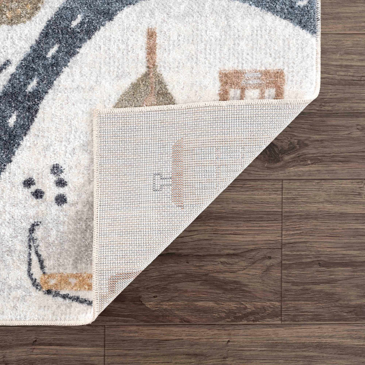Mave Roads Washable Rug for Kids cream rug with abstract road motif underside woven on Tampa Home & Garden Store