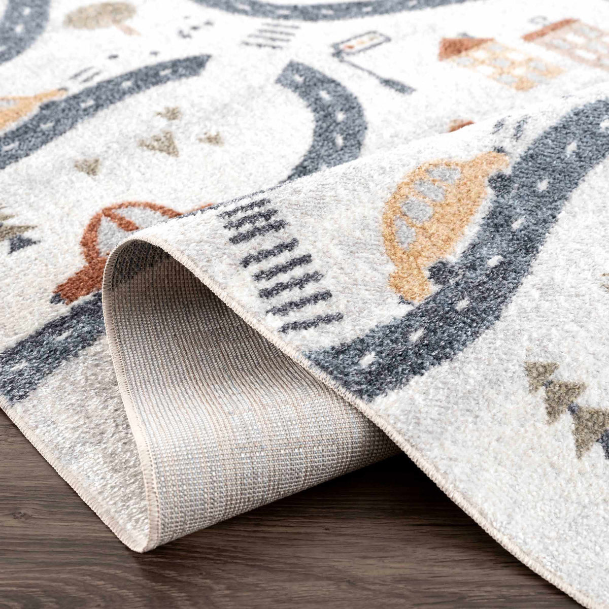Mave Roads washable kids rug by Boutique Rugs, grey with blue and tan geometric roads pattern on Tampa Home & Garden Store