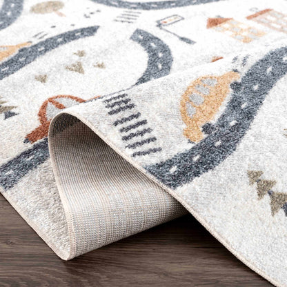 Mave Roads washable kids rug by Boutique Rugs, grey with blue and tan geometric roads pattern on Tampa Home & Garden Store