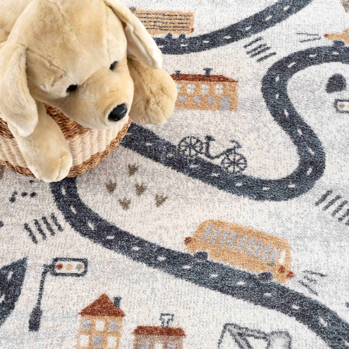 Mave Roads Washable Rug for Kids by Boutique Rugs, soft gray road-print design on rug, on Tampa Home & Garden Store