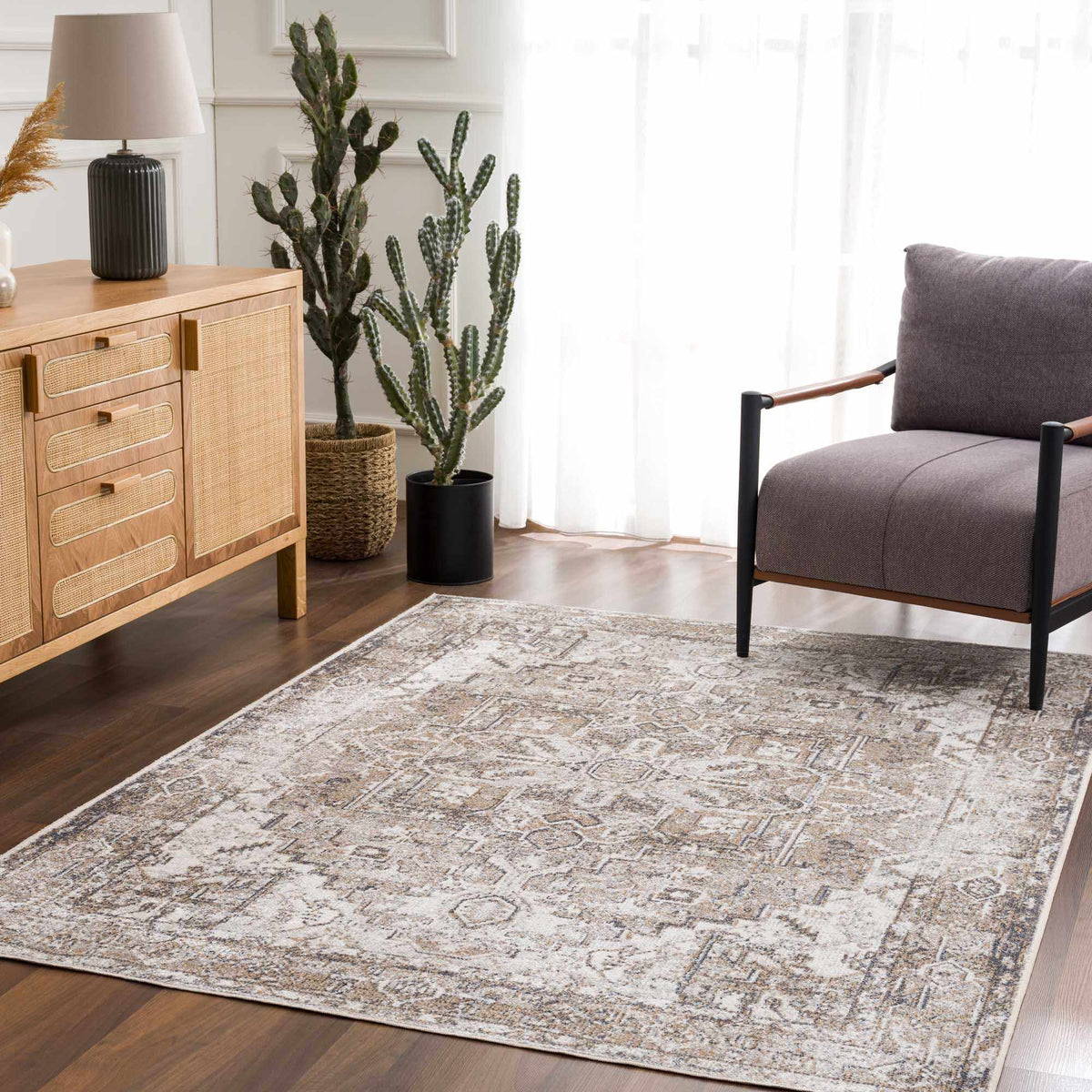 Hera Flat Pile Washable Rug by Boutique Rugs in neutral beige-gray with subtle pattern on Tampa Home & Garden Store
