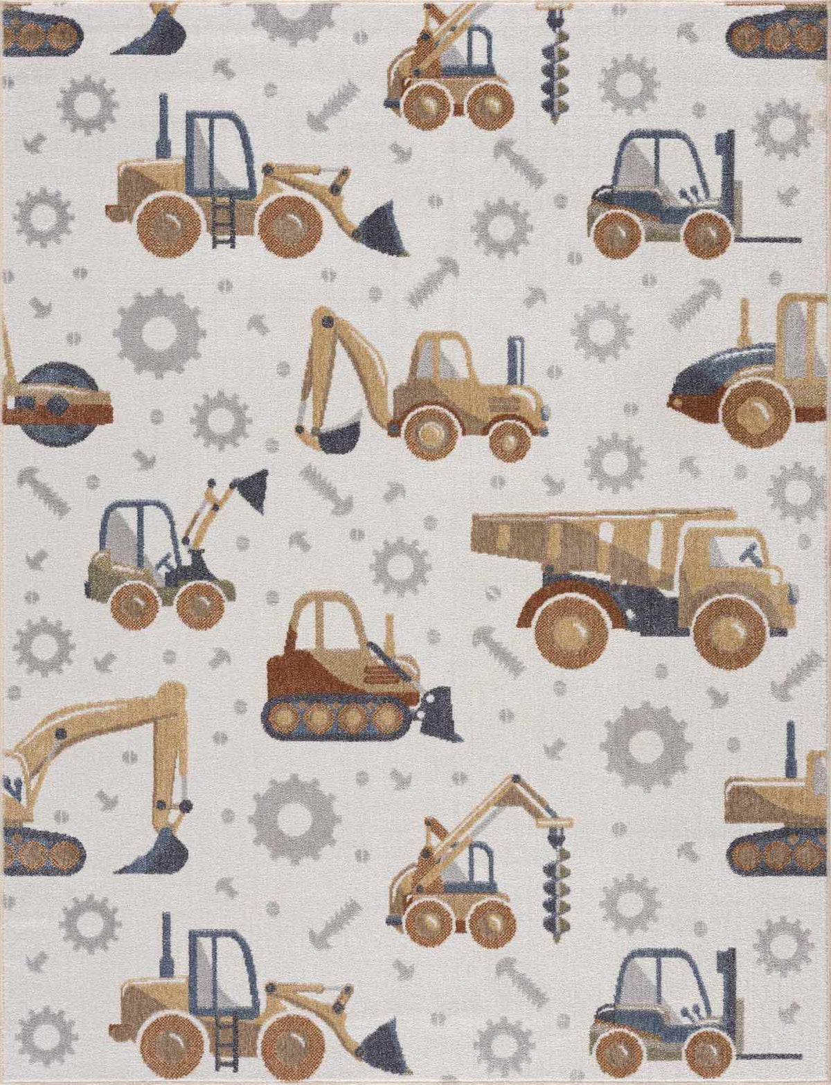 Construction Washable Kids Area Rug with yellow construction vehicles on cream background on Tampa Home & Garden Store