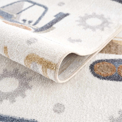 Construction Washable Kids Area Rug cream with bluegray pattern, plush and folded edges on Tampa Home & Garden Store
