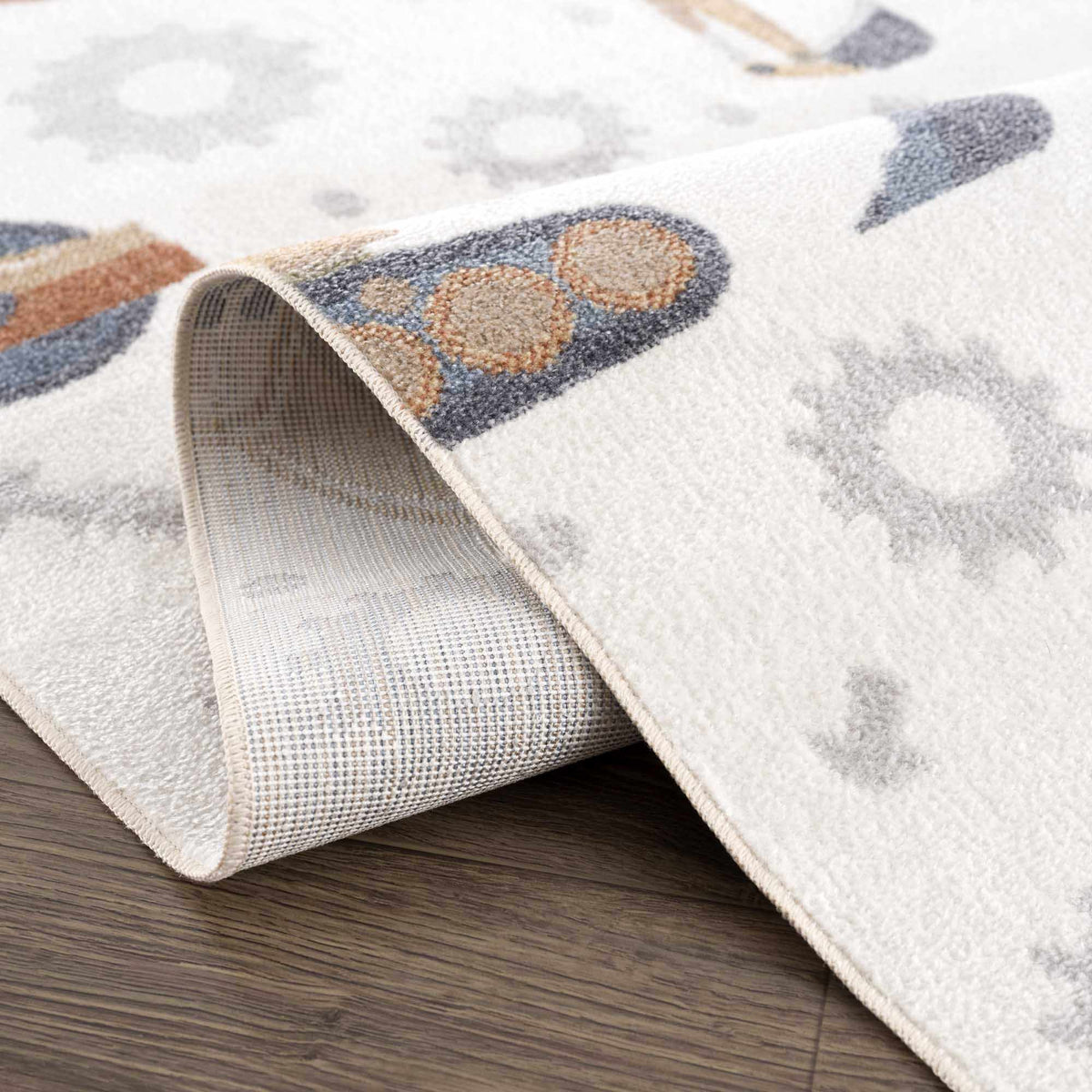 Construction Washable Kids Area Rug set of 2, light beige with blue/orange geometric shapes on Tampa Home & Garden Store