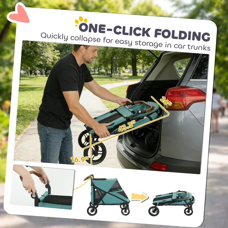 Dog stroller for large dogs up to 66 lbs, teal fabric, all-terrain suspension, 8-position handle on Tampa Home & Garden Store