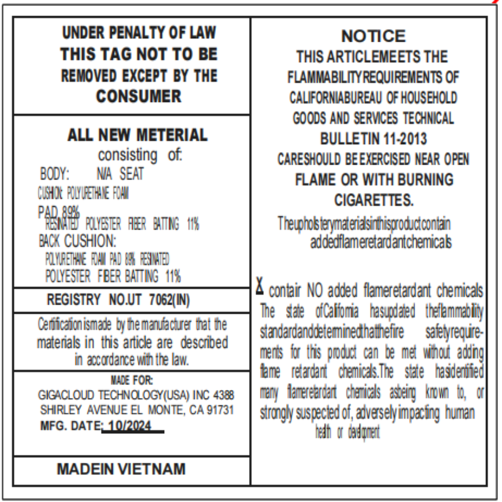 Upholstered platform bed label with flammability notice, materials, MFG date 10/2024, Made in VN on Tampa Home & Garden Store