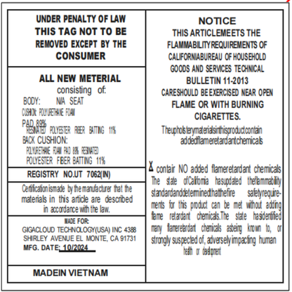 Upholstered platform bed label with flammability notice, materials, MFG date 10/2024, Made in VN on Tampa Home & Garden Store