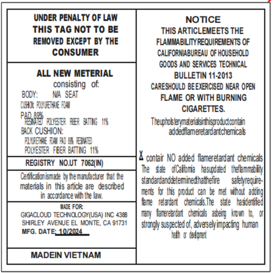 Upholstered platform bed label with flammability notice, materials, MFG date 10/2024, Made in VN on Tampa Home & Garden Store