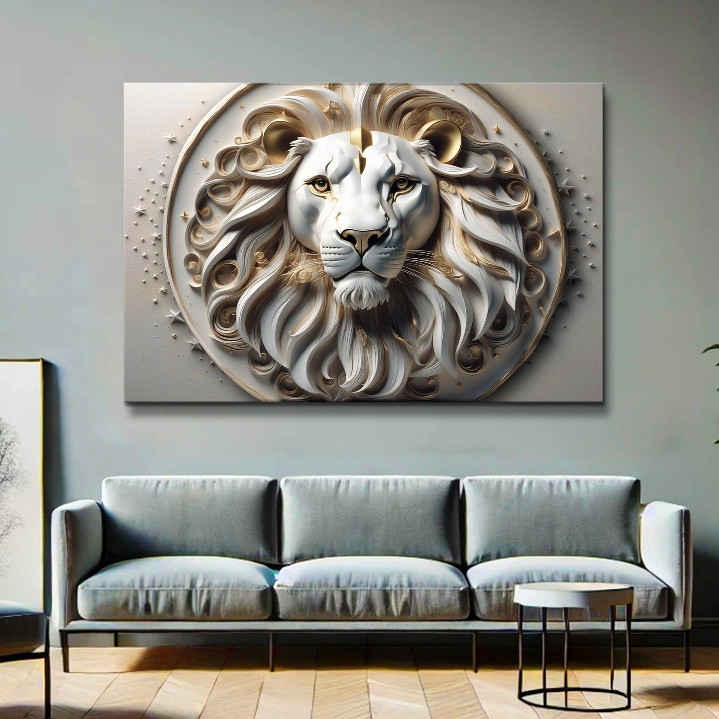3D Majestic Lion Wall Art VI canvas, white and gold lion relief on round medallion on Tampa Home & Garden Store