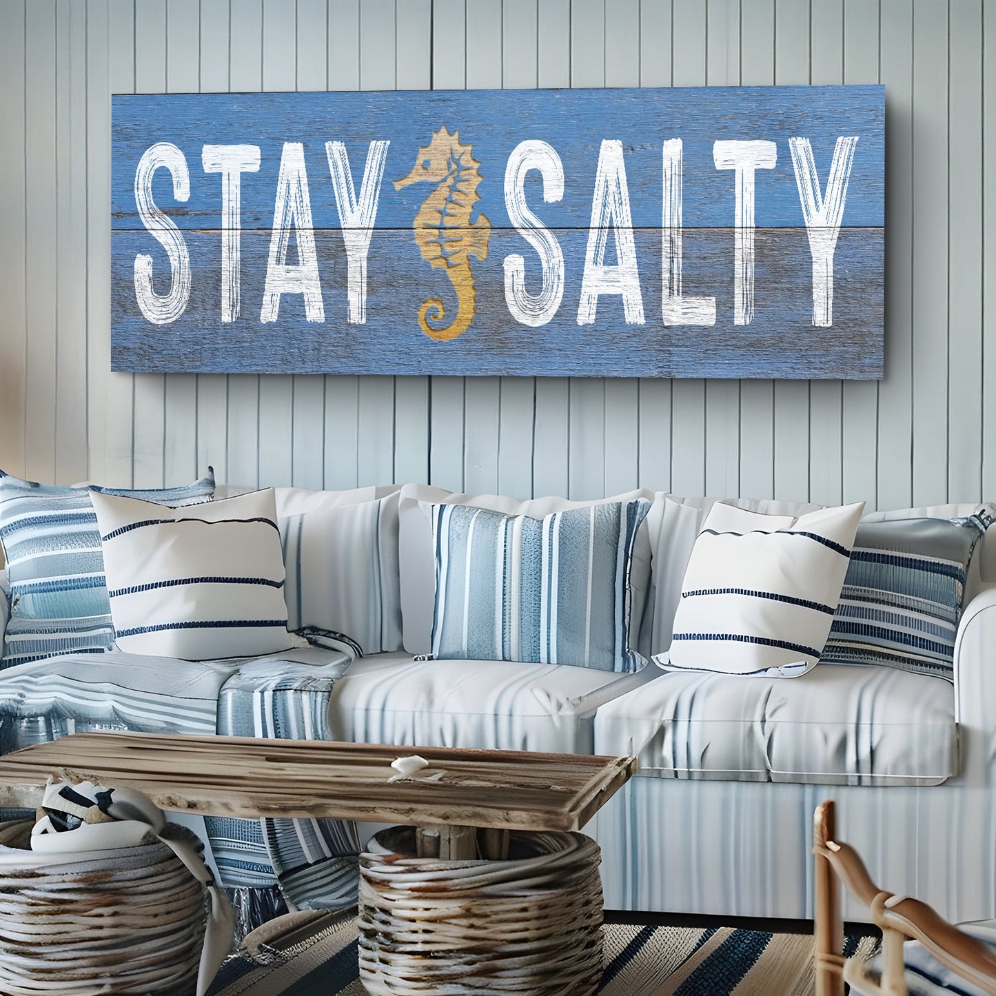 Stay Salty Coastal Sign VII canvas with white lettering and gold seahorse on blue planks on Tampa Home & Garden Store