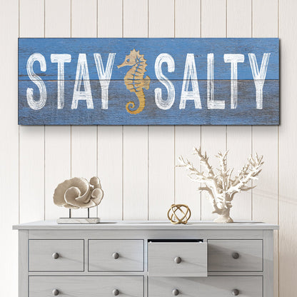 Stay Salty Coastal Sign VII canvas on blue weathered wood with white letters and seahorse on Tampa Home & Garden Store