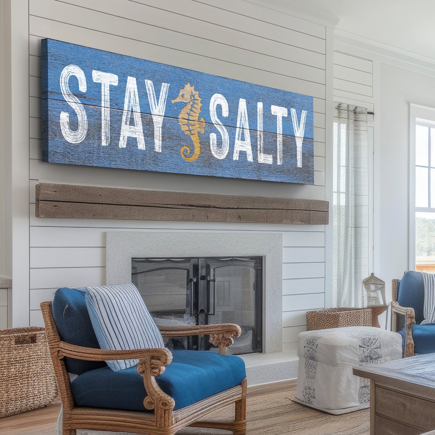 Stay Salty Coastal Sign VII canvas wall art on blue distressed wood with white lettering on Tampa Home & Garden Store