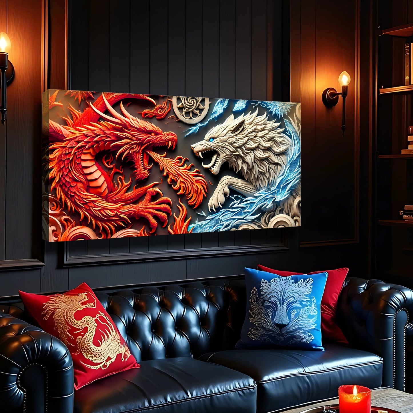 Canvas wall art 3D dragon and wolf with red dragon and icy blue wolf, textured details on Tampa Home & Garden Store
