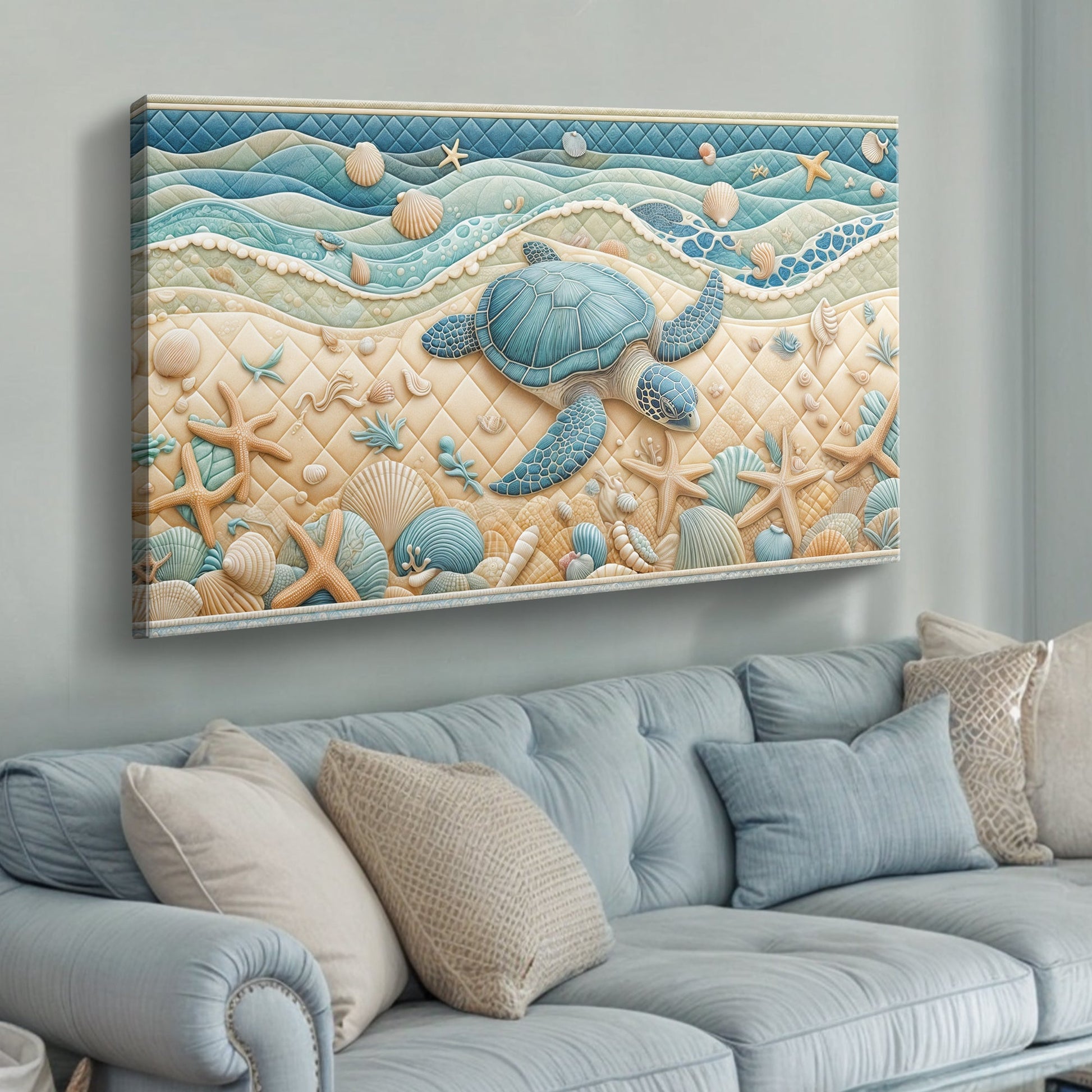 3D Coastal Wall Art IV canvas by Tailored Canvases in ocean hues with seashells and starfish on Tampa Home & Garden Store