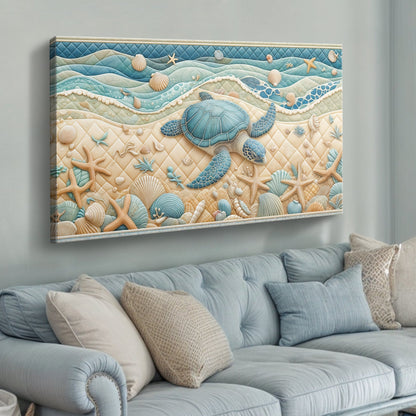 3D Coastal Wall Art IV canvas by Tailored Canvases in ocean hues with seashells and starfish on Tampa Home & Garden Store