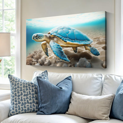 3D Coastal Wall Art VI canvas by Tailored Canvases, blue sea turtle on sandy beach crafting canvas on Tampa Home & Garden Store