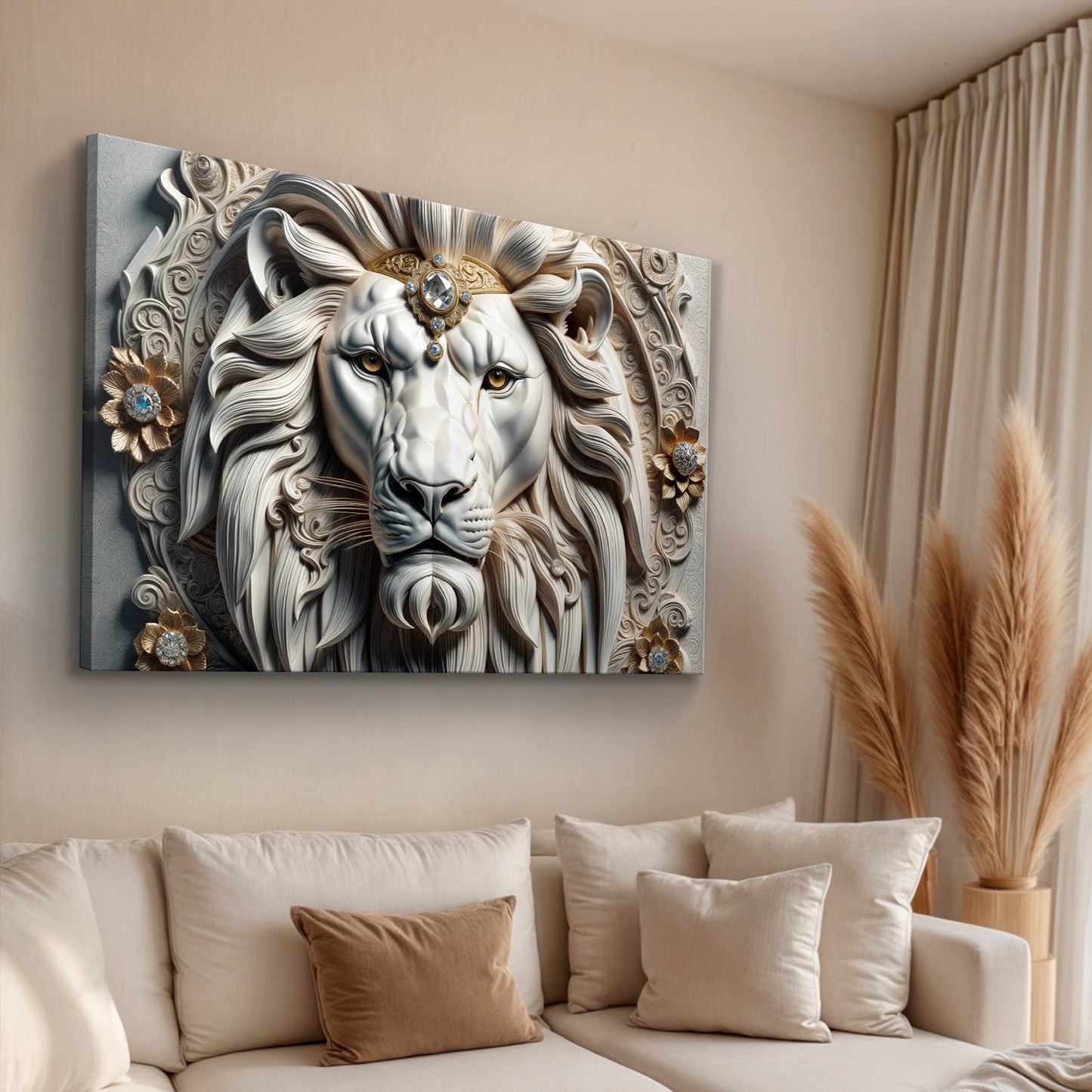 3D Majestic Lion Wall Art II canvas by Tailored Canvases with gold crown accents on Tampa Home & Garden Store