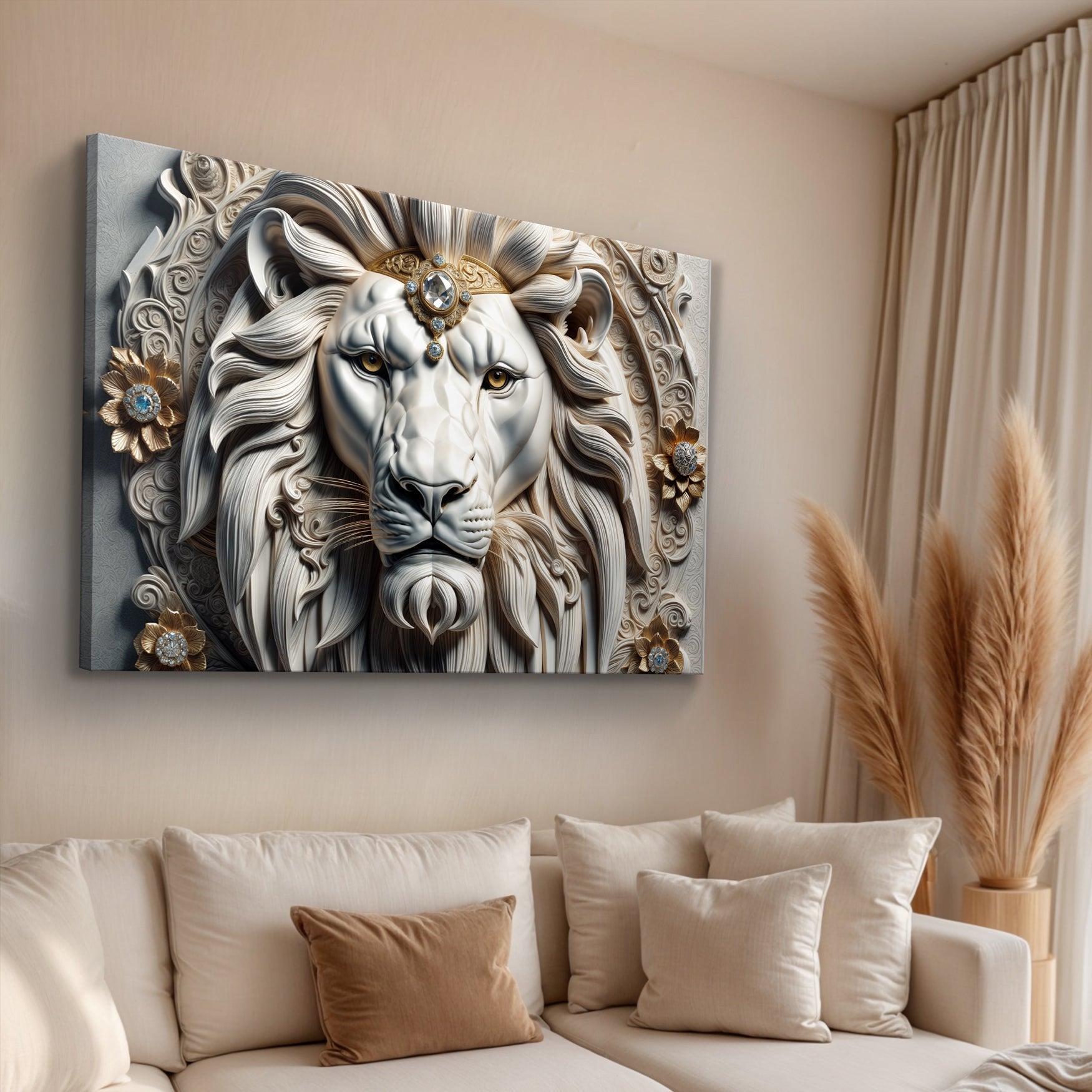 3D Majestic Lion Wall Art II canvas by Tailored Canvases with gold crown accents on Tampa Home & Garden Store