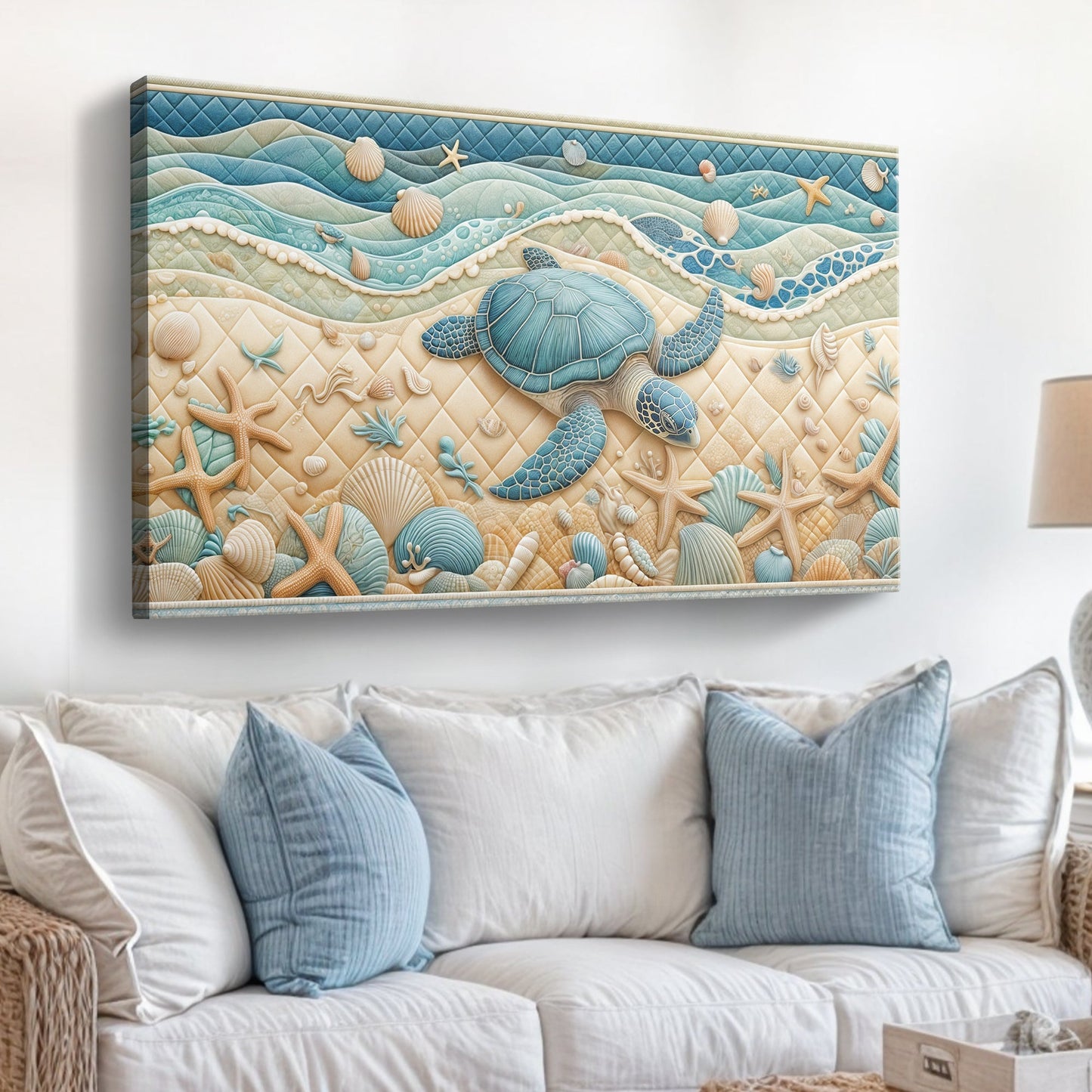 3D Coastal Wall Art IV canvas by Tailored Canvases with layered ocean waves and a sea turtle on Tampa Home & Garden Store